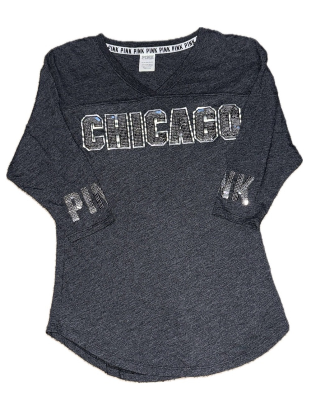 👚💿 PINK Victoria’s Secret Chicago Sequin Logo Tee Y2K | Women’s Sz XS